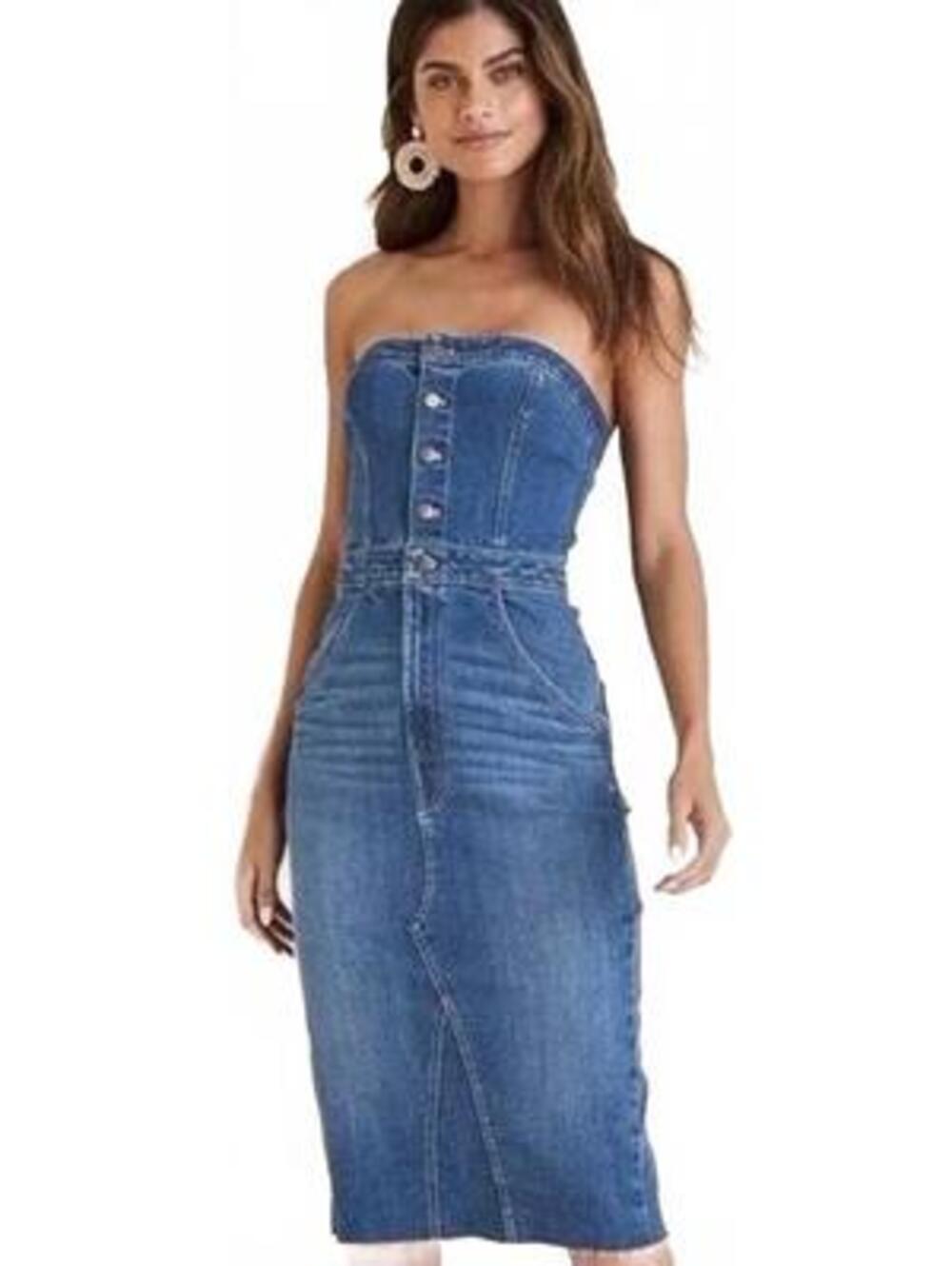 Sincerely Jules NWT Denim Strapless Midi Dress XS Button Front Raw Hem